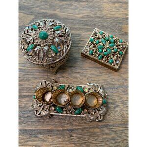 Sam Fink 3 PC Vanity Set Trinket Box Compact Lipstick Holder